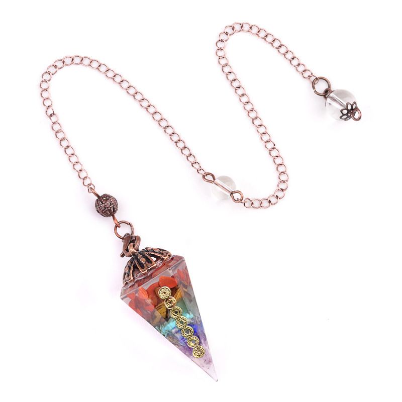 2122-Pêndulo de cascalho de cristal natural colorido bronze prata resina de ouro símbolo de sete veias pêndulo de cone hexagonal