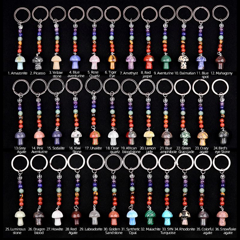 1469-Chave pingente de cristal natural colorido pedra 2cm cogumelo chaveiro saco acessórios presente atacado