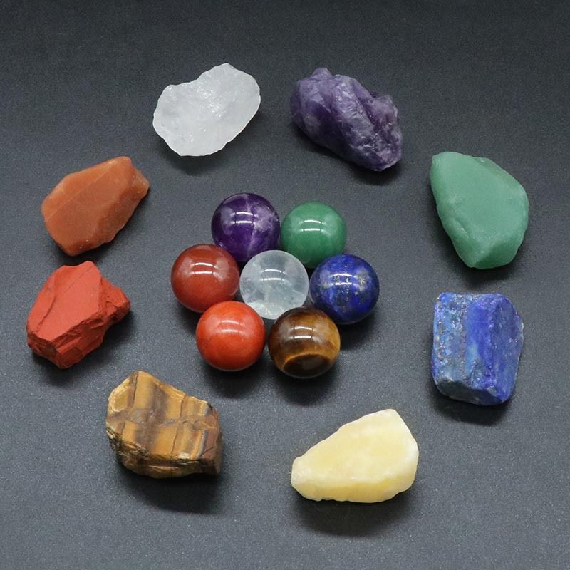 Caixa de presente de pedra de cristal de pedra colorida Chakela, conjunto de pedra áspera de bola redonda, conjunto de presente de Natal Chakela.