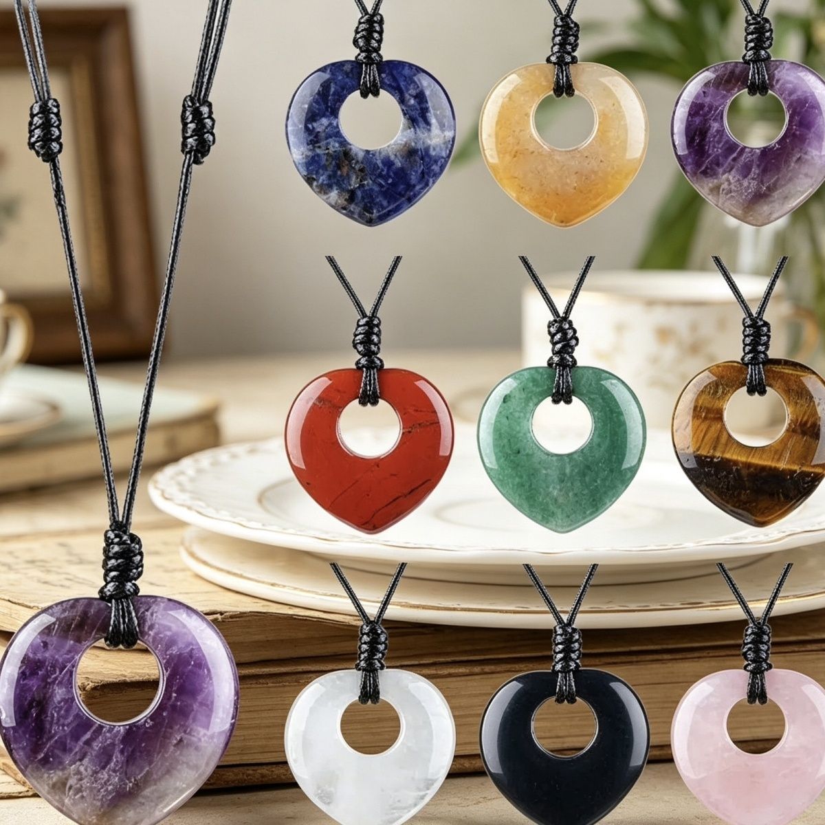 2442 Colar de amor de pedra natural de 40Mm, pingente de cristal natural ajustável tecido à mão retrô gravado em pedra áspera em forma de coração.