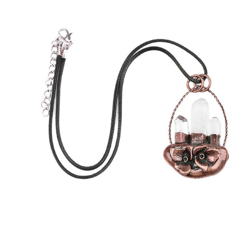 2010-Pingente de cesta de flores de cristal branco natural com três pedras ásperas, colar de cristal retro embutido pingente de jóias DIY