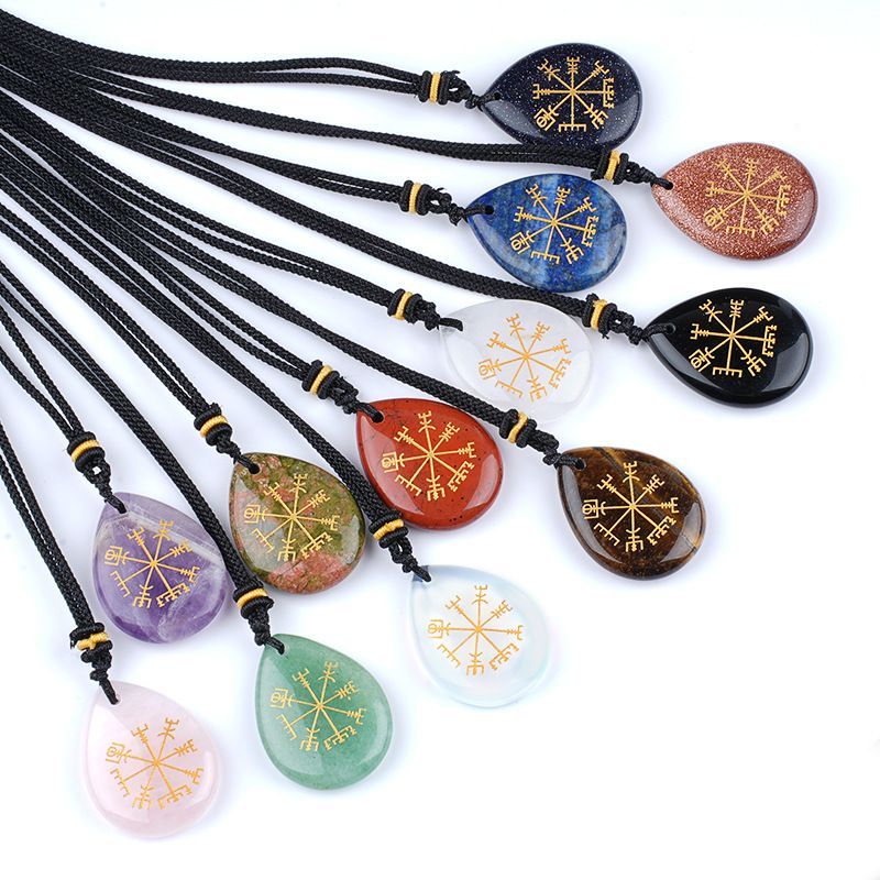 Colar de runa viking de pedra natural de venda quente em forma de gota de água retro pedra natural com letras jateadas de areia pingente de runa