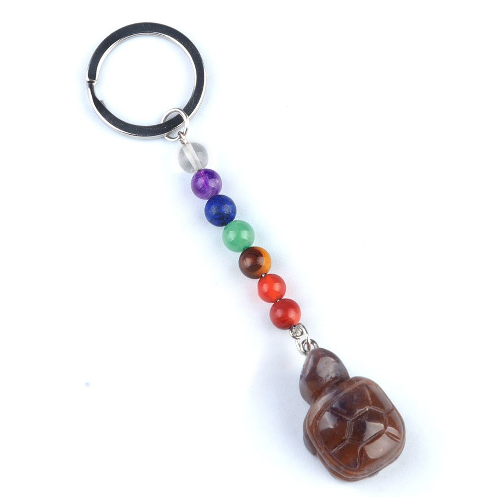 1955-Chaveiro de tartaruga de pedra de cristal colorido, pingente de jóias de chakra, pingente de chaveiro de animal pequeno