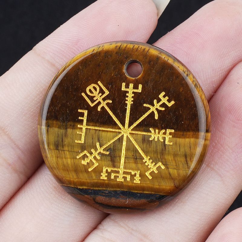 Olho de tigre de ametista natural 30mm símbolo Viking disco pingente marca de direção decoração para casa acessórios pingente