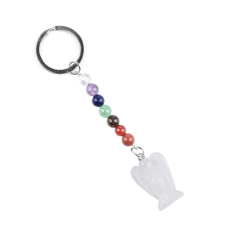 1715-Chaveiro de Anjo Chakra, Chaveiro de Anjo Gravado em Pedra Semi-Preciosa Natural, Pingente de Anjo da Guarda