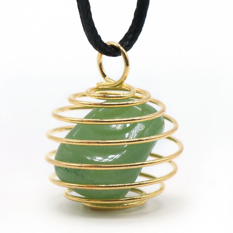 1069-Pingente de mola de enrolamento de fio de cobre de pedra semipreciosa de cristal natural, ágata verde Colar de ametista de cristal em pó Dongling