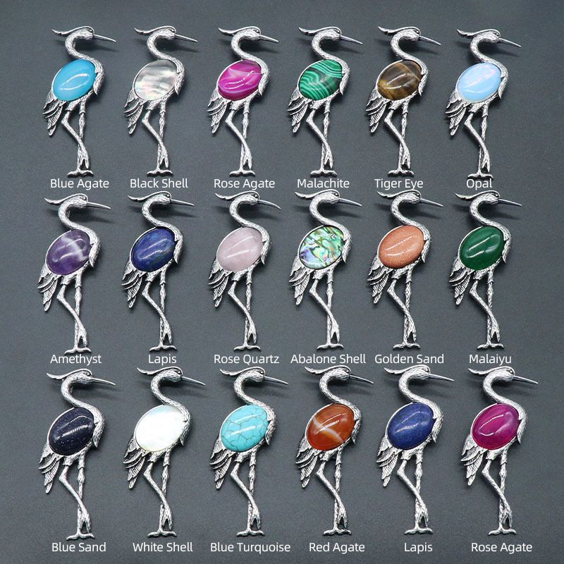 Pingente de broche incrustado de guindaste de coroa vermelha semi-preciosa de cristal natural de uso duplo, acessórios para jaqueta de alfinete de corsage