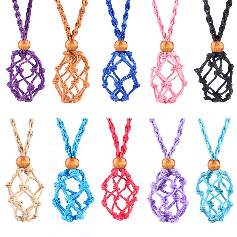 6107-Transfronteiriço tecido mesh bolso colar pingente ajustável retrátil artesanal suporte de malha retro corda ametista pedra bruta