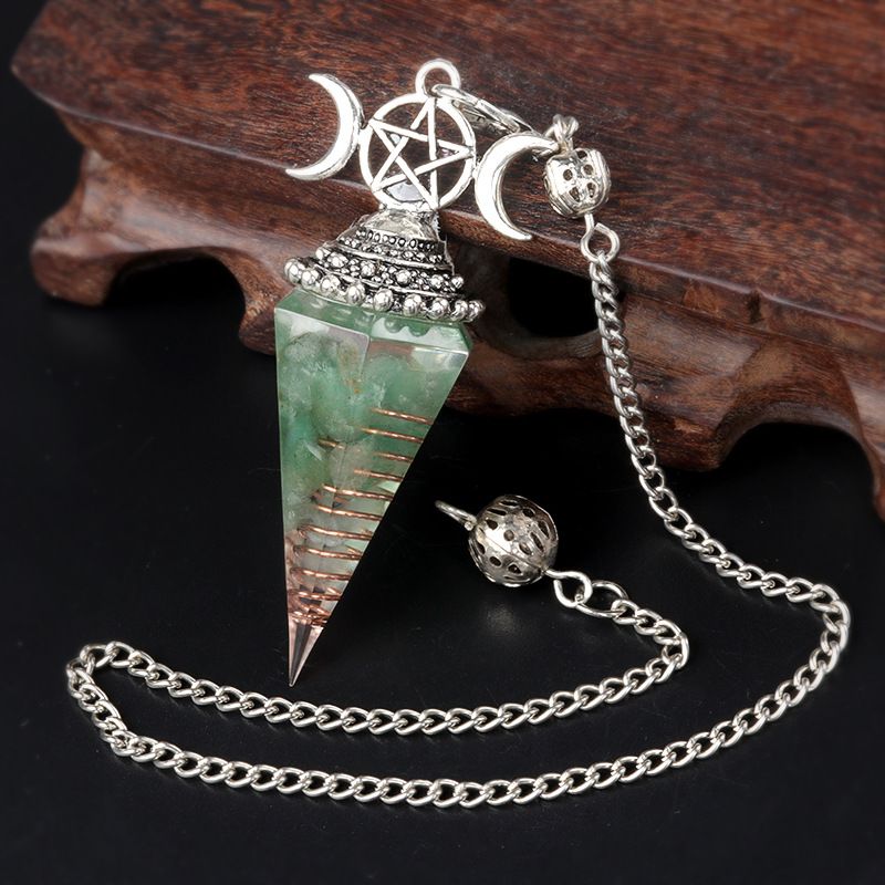 1690-Lua trifásica colorido cascalho resina cristal pedra preciosa hexagonal cone pêndulo, pingente de chakra