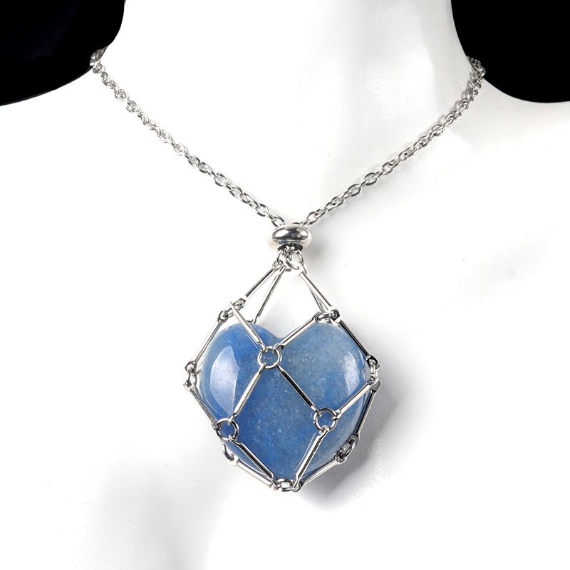 1737-Corrente de aço inoxidável de pedra de amor de ágata de cristal natural, pingente de bolso de malha de coração de bambu de metal