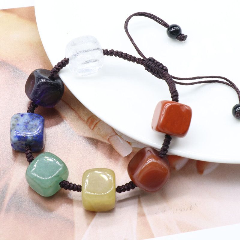 789-Pulseira quadrada de pedra colorida tecida à mão, jóias de pedra de cristal de ioga
