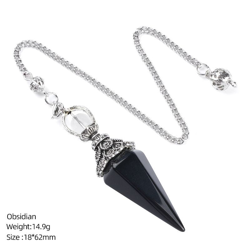 1412 Pingente de pêndulo de cristal natural Receptáculo de prata antiga Yoga Meditação Hexagonal Cone Frequência ajustável Pêndulo de pedra natural