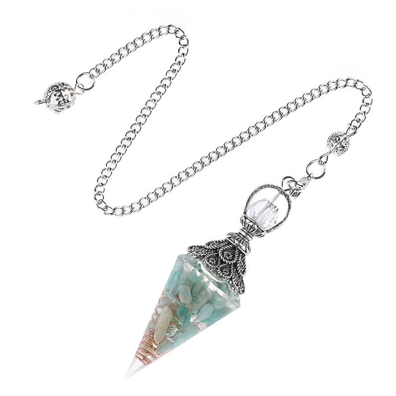 Pêndulo de cristal natural Pêndulo de resina de cone hexagonal de prata antiga envolto em epóxi