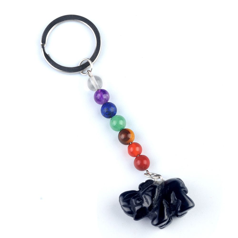 Chaveiro de elefante de pedra de cristal colorido, pingente de jóias de chakra, pingente de chaveiro de animal pequeno.