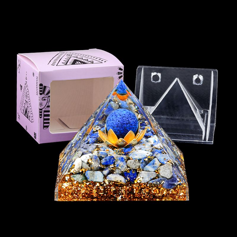 Nova pirâmide de 6,5 cm de resina de torre de cascalho de ouro azul Artesanato epóxi ornamento de mesa para casa