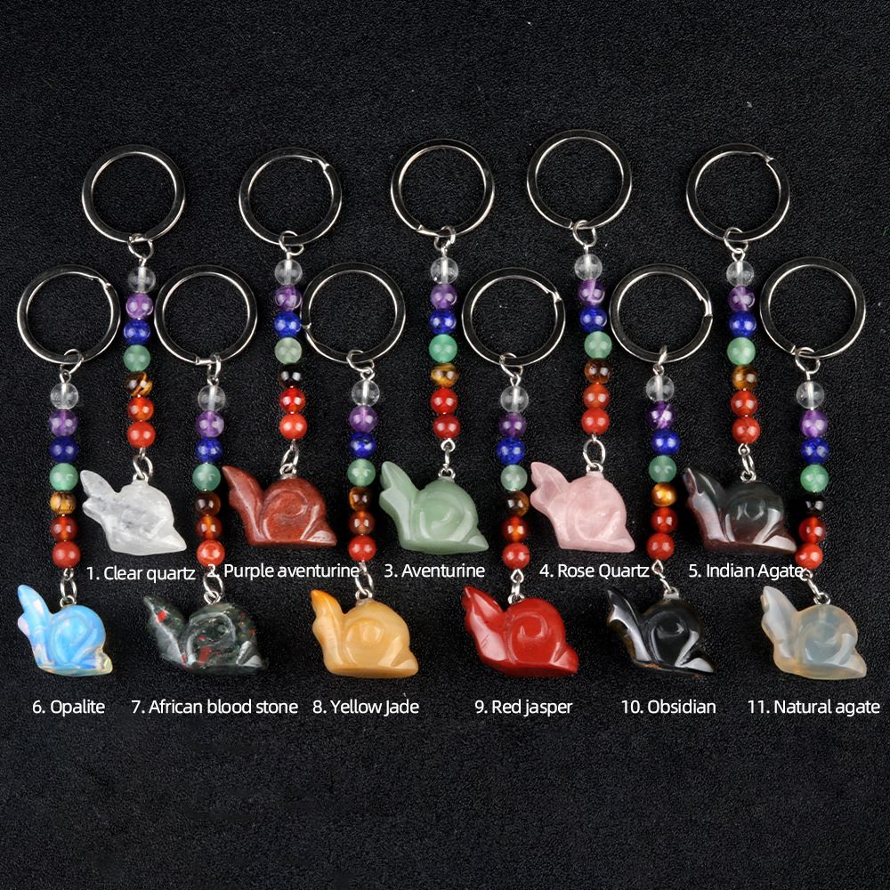 1962-Chaveiro de caracol de pedra de cristal colorido, pingente de jóias chakra, pingente de chaveiro de animal pequeno