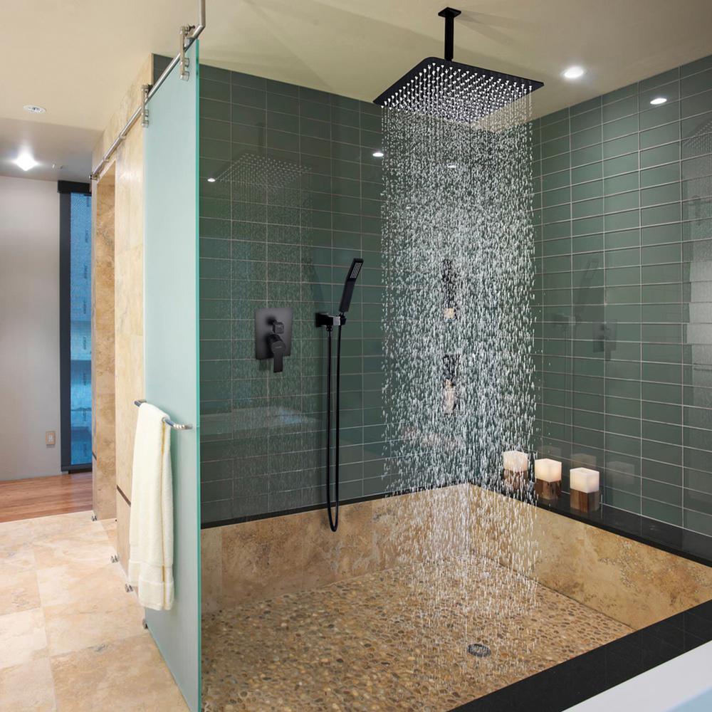 1-Spray Patterns with 2.38 GPM 12 in. Ceiling Mount Dual Shower Heads with Rough-In Valve Body and Trim in Matte Black