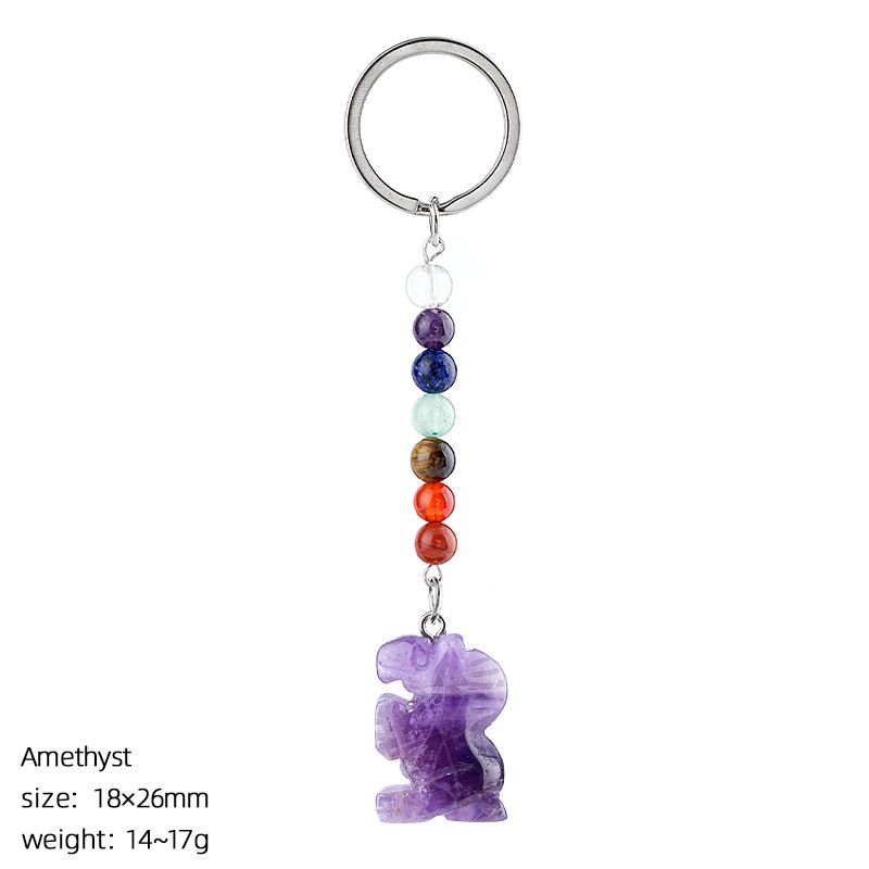 Chaveiro de pônei de jade natural, acessórios de chakra de contas redondas coloridas, pingente de pônei de ágata de cristal gravado.