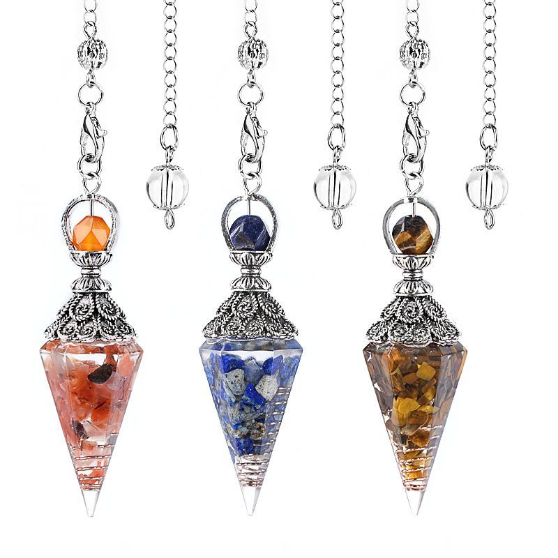 Hot Selling Cristal Natural Pêndulo Receptáculo de Prata Antiga Cone Hexagonal Ponta Única Yoga Meditação Resina de Freqüência Ajustável Pêndulo
