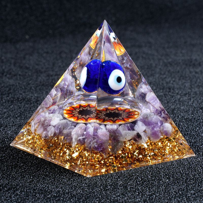 2375 Novo 6cm de cascalho de ametista natural pirâmide de olho azul ornamento de mesa de resina artesanal