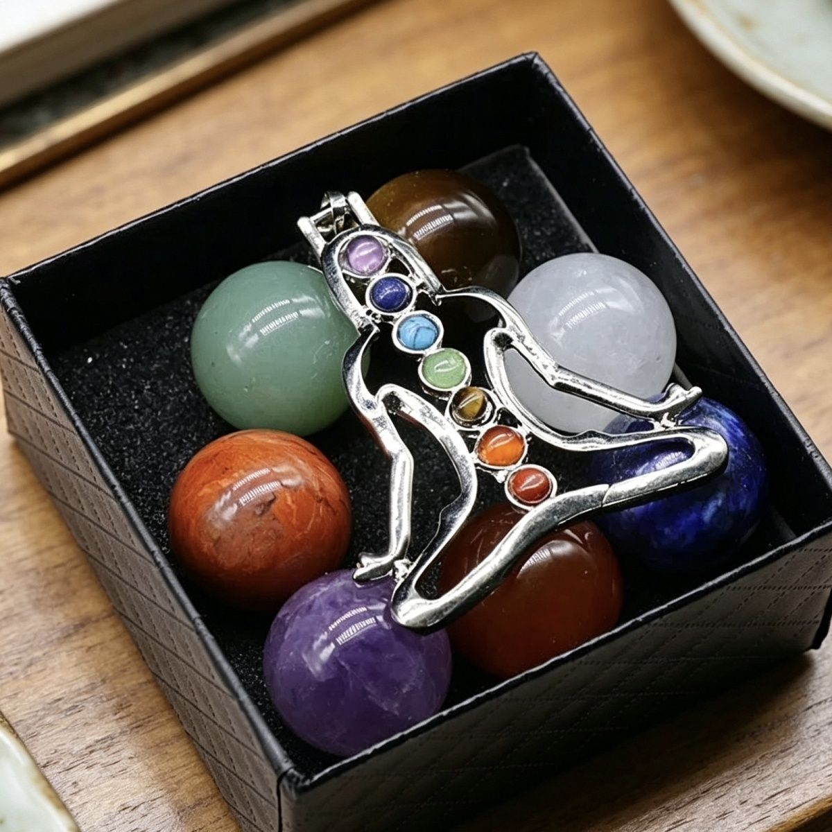 711-Conjunto de Pedra Colorida de Cristal Natural Ágata 20MM Ball 7 Boxes, Chakra Yoga Stone