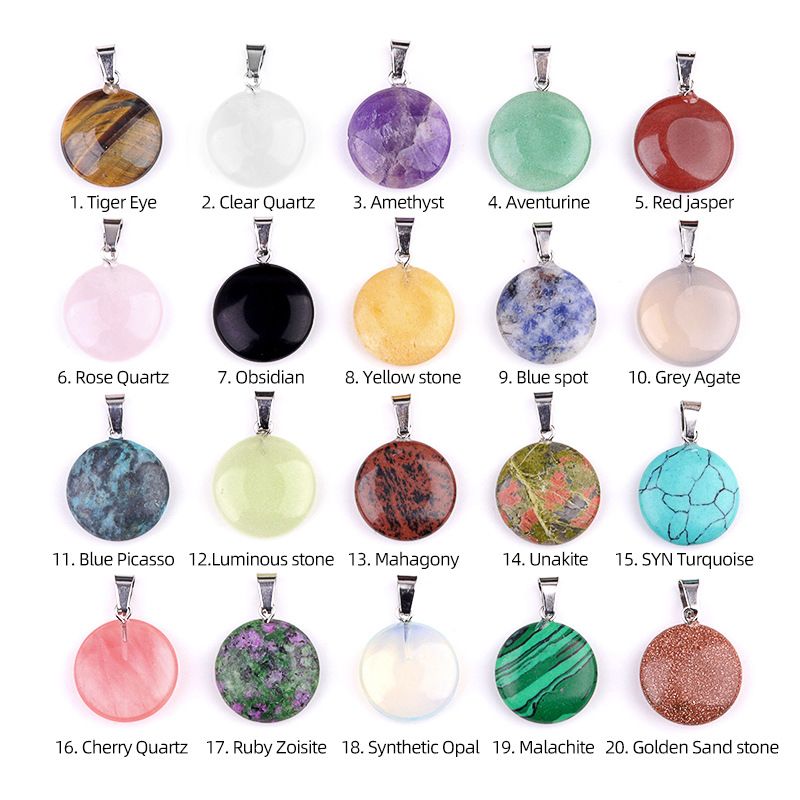 1821-20Mm cristal ágata jade redondo pingente plano, pingente de disco de pedra semipreciosa acessórios de jóias DIY