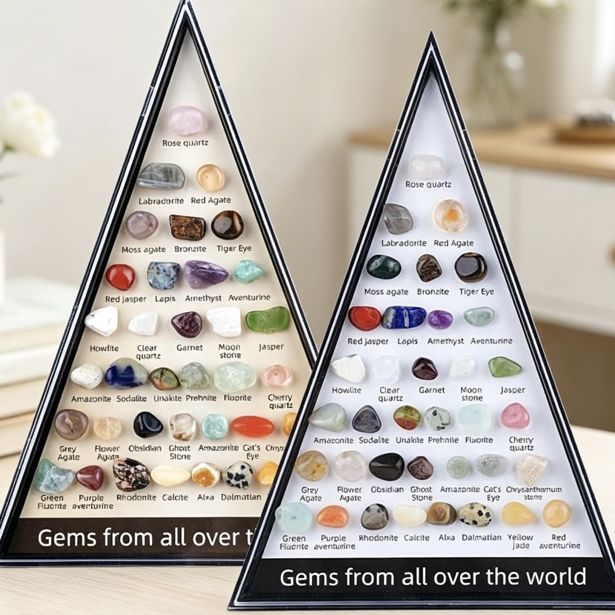 Pedra semipreciosa de cristal natural 36 tipos de espécimes de minério Ensino de ciências infantis ornamento de caixa padrão de minério triangular