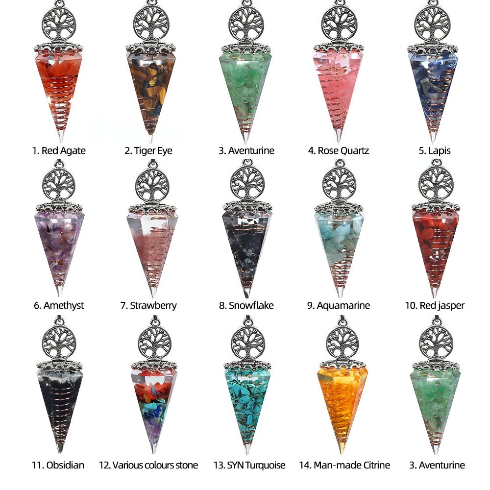 1769-Árvore da Vida Resina Pêndulo de cascalho, Pêndulo de cone hexagonal epóxi de ágata cristal