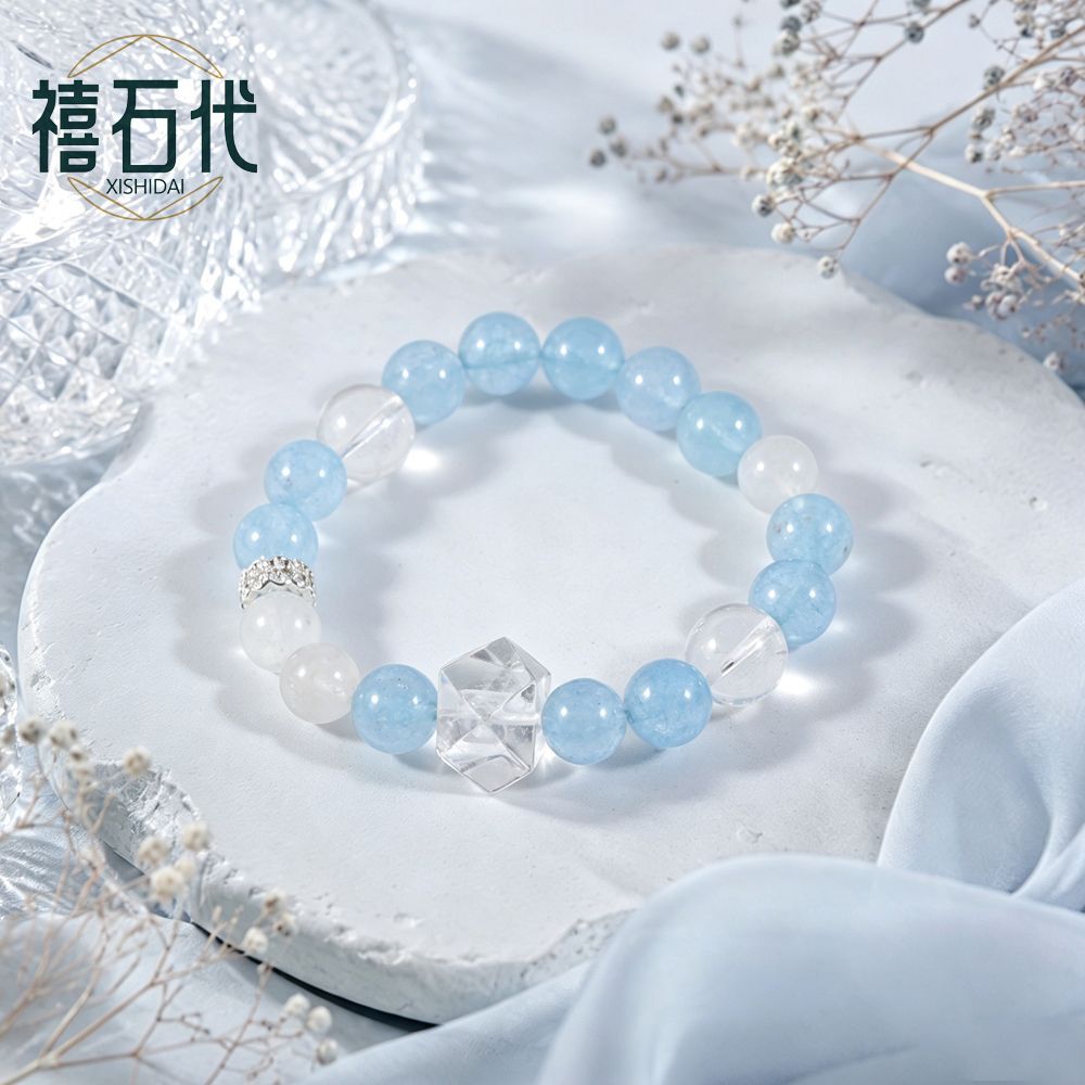 [Xixi Shidai] Pulseira Blue Moonlight White Crystal Sugar Cube, fresca e azul, acalme-se e alivie o estresse