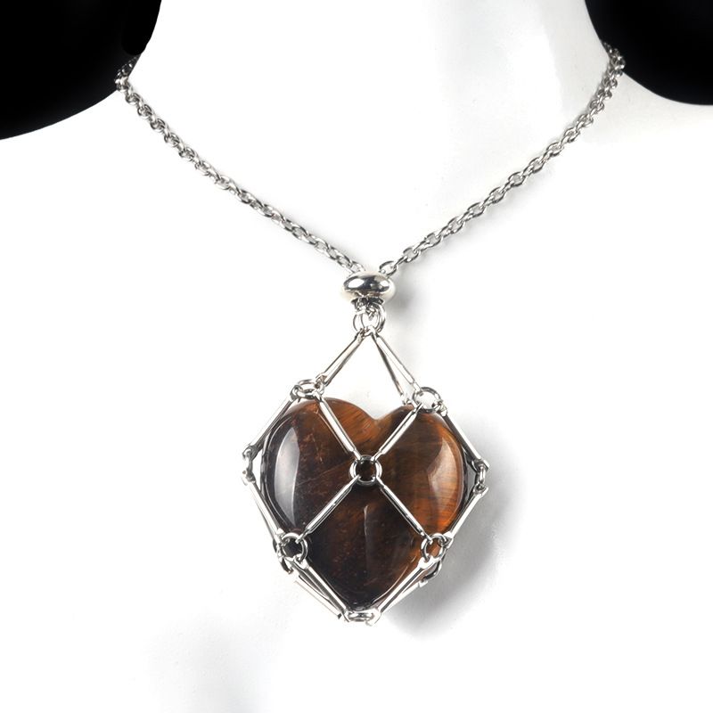 1737-Corrente de aço inoxidável de pedra de amor de ágata de cristal natural, pingente de bolso de malha de coração de bambu de metal
