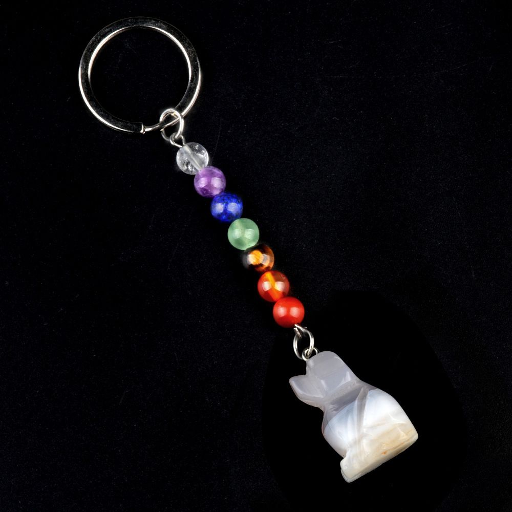 1958-Chaveiro de cachorro de pedra de cristal colorido, pingente de jóias de chakra, pingente de chaveiro de animal pequeno