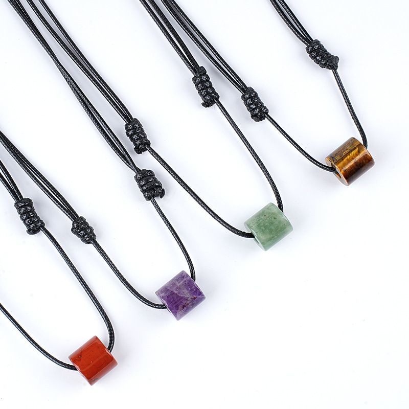 Colar cilíndrico de cristal natural de 16Mm, corrente de suéter simples, pingente de ágata cilíndrica com orifício grande e ajustável à mão.