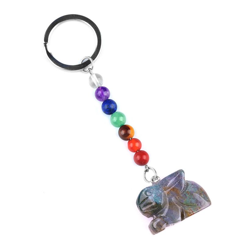 2011-Chaveiro de coelho de pedra de cristal colorido, pingente de jóias de chakra, pingente de chaveiro de animal pequeno.
