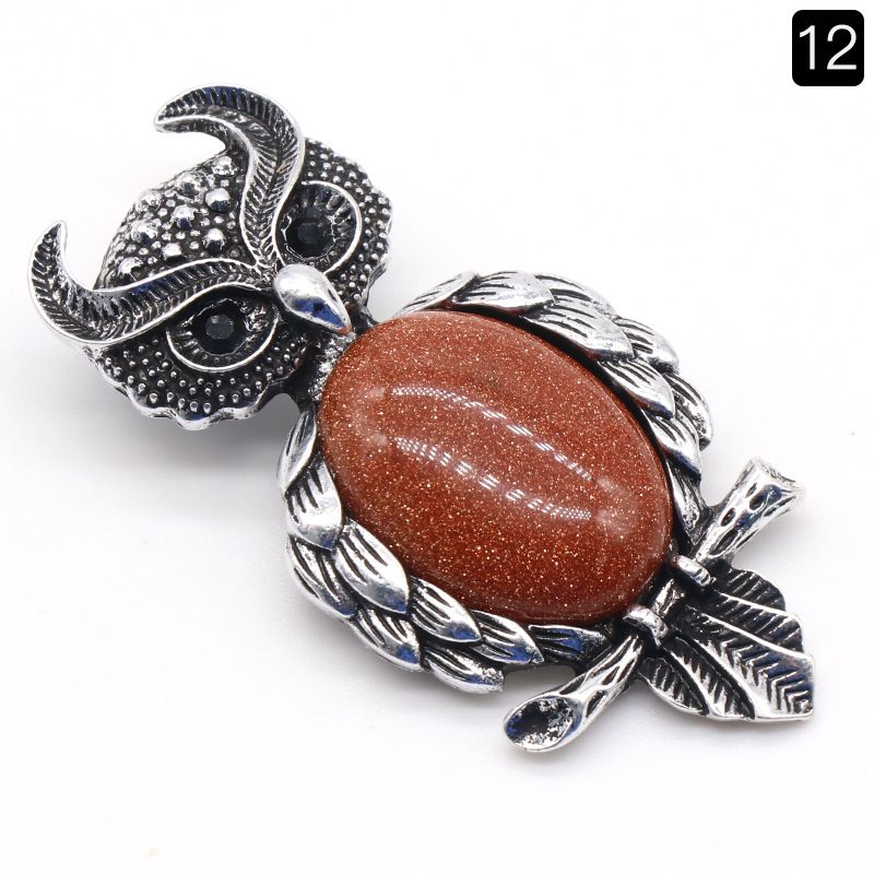 1208-Coruja gem Broche de Cristal Natural Coruja Broche, Alloy Set Pingente de Pedra Preciosa Pin
