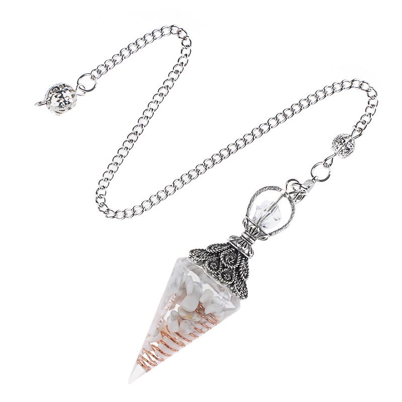 Pêndulo de cristal natural Pêndulo de resina de cone hexagonal de prata antiga envolto em epóxi