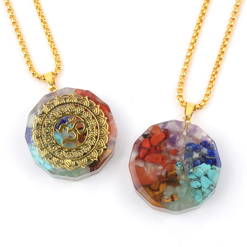 Colar de resina de cascalho de cristal colorido natural 2311 45 tipos de pingente de envoltório de pedra de cristal epóxi hexagonal