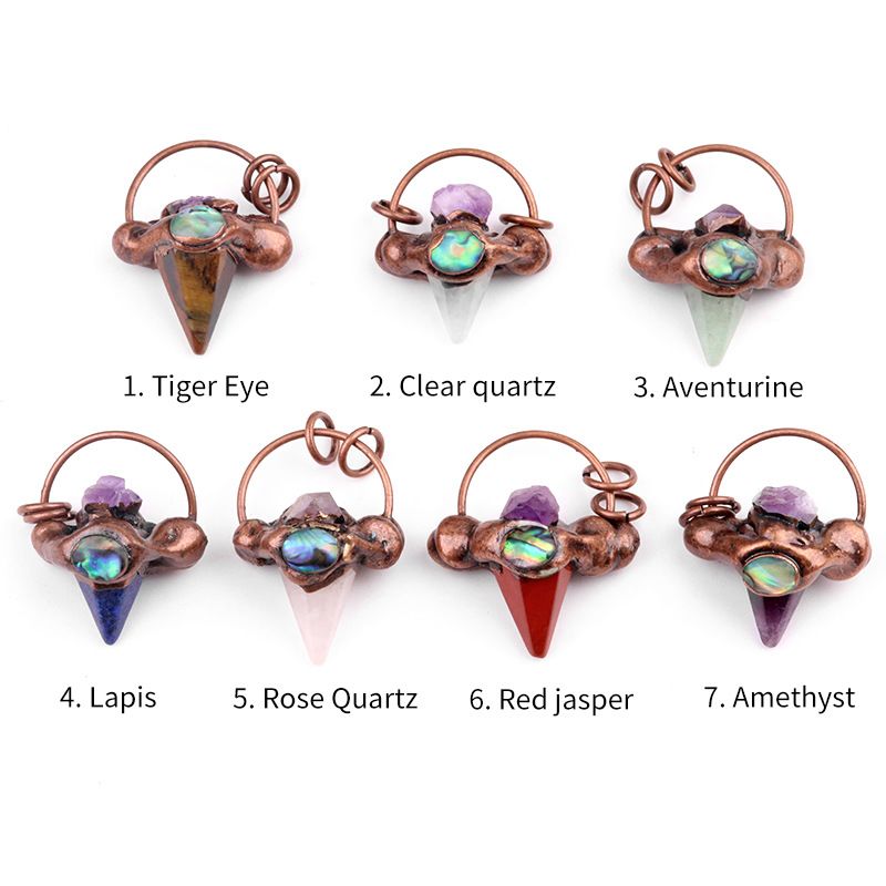 1775-Cristal pedra semi-preciosa coluna hexagonal furador pingente estilo retro incrustado com pedra áspera colar de bronze concha de abalone