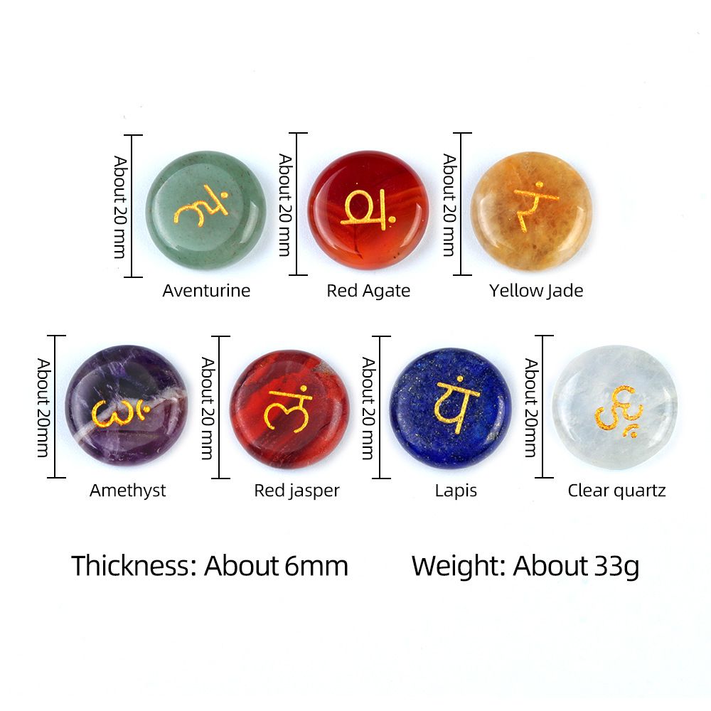 1783-Sete chakras cristal de ágata natural 20mm redondo sete veias símbolo de ioga 7 peças