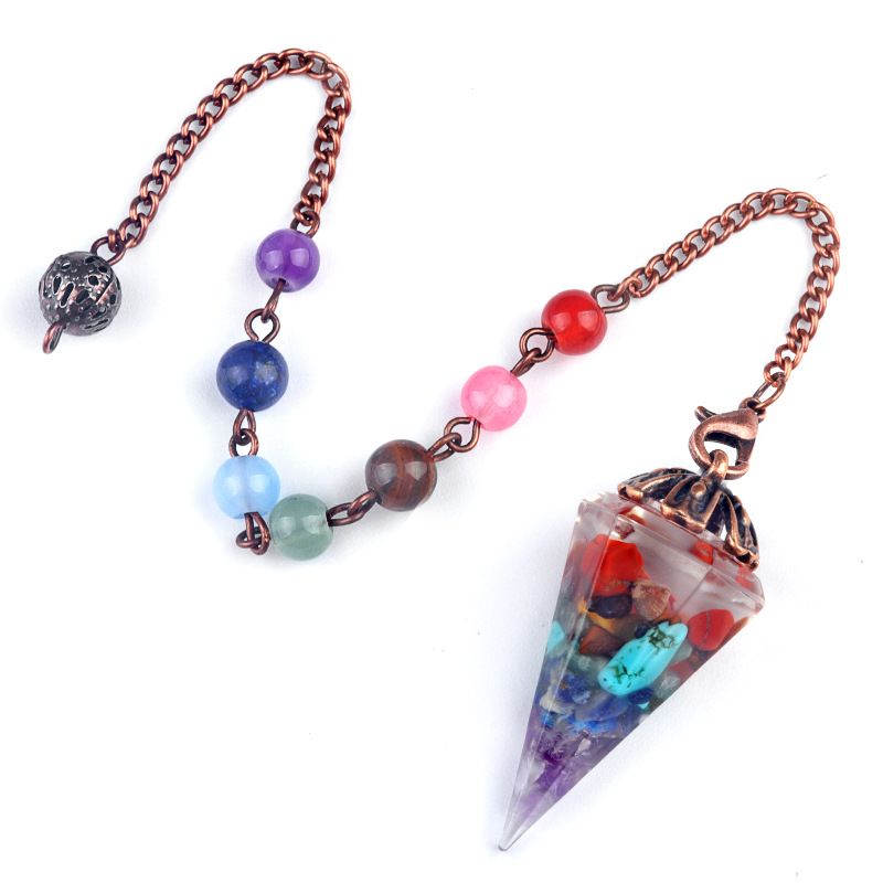 1972-Resina de cascalho de cristal natural pingente de pingente de bandeja de flor de cone hexagonal, chakra colorido pérola yoga jóias