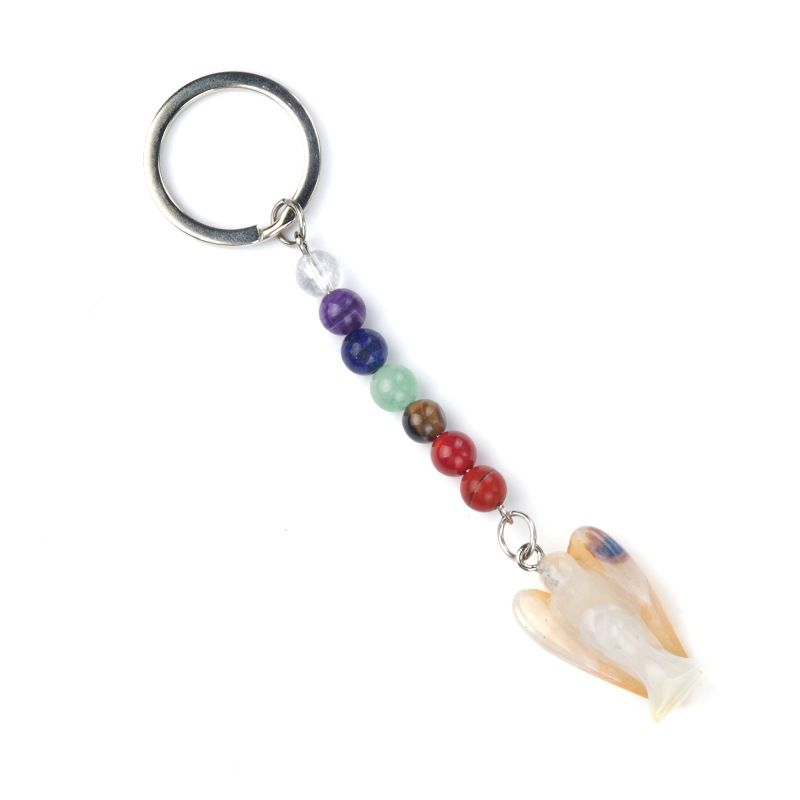 1715-Chaveiro de Anjo Chakra, Chaveiro de Anjo Gravado em Pedra Semi-Preciosa Natural, Pingente de Anjo da Guarda