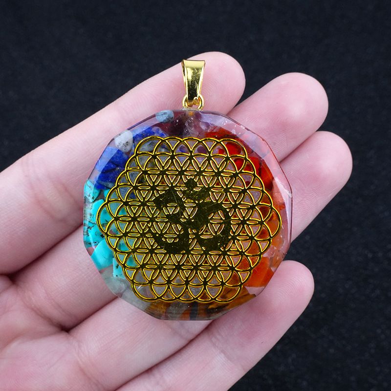 2324-Colar de pedra colorida hexagonal, pingente de pedra natural envolto em cola de resina