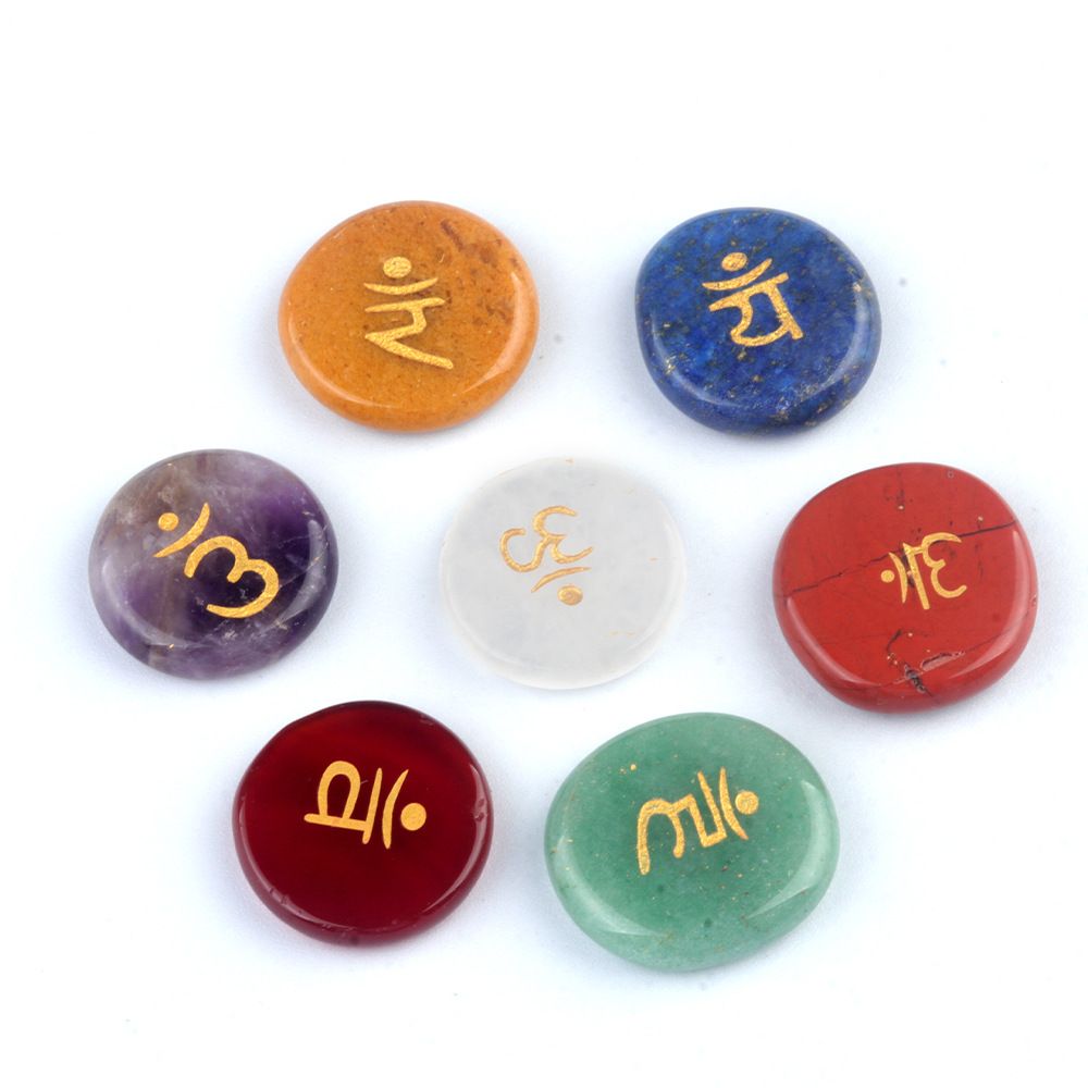 1783-Sete chakras cristal de ágata natural 20mm redondo sete veias símbolo de ioga 7 peças