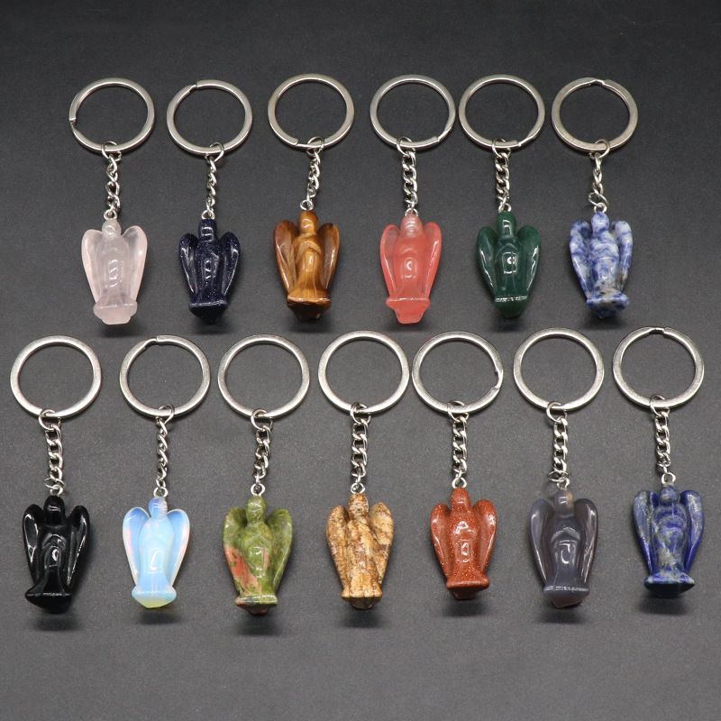 Chaveiro de anjo gravado em pedra de ágata de cristal natural, pingente de bolsa de celular de anjo da guarda.