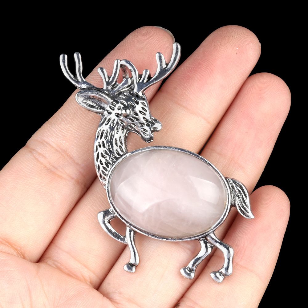 1934-Pingente de broche de alce de pedra semipreciosa incrustada em liga de cristal natural Alfinete de moda europeu e americano
