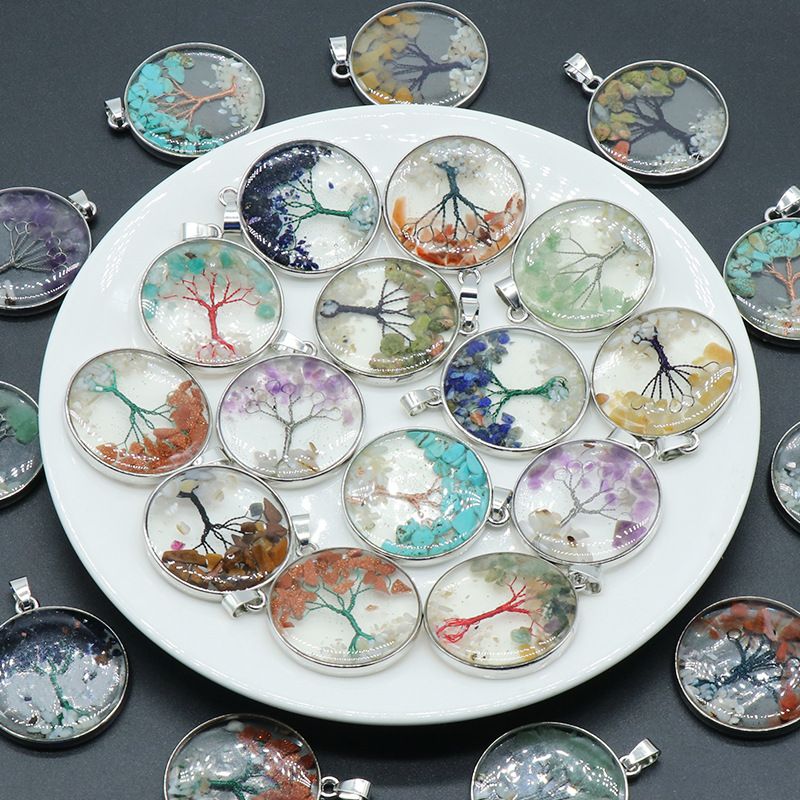 1513-33Mm Árvore da Vida Pingente de Cascalho, Pedra de Cristal Natural Pingente Colorido da Árvore da Vida Pingente de Colar DIY