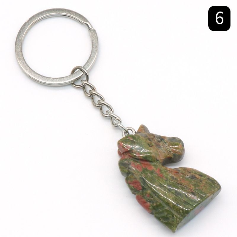 Chaveiro de unicórnio de pedra de cristal natural unicórnio, pingente de saco de animal gravado em pedra.