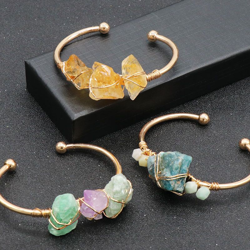 1169-Pulseira de Cristal Ametista Natural, Pedra Áspera Citrina Mista Cor Pedra Enrolamento Pulseira Aberta
