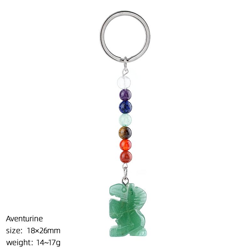 Chaveiro de pônei de jade natural, acessórios de chakra de contas redondas coloridas, pingente de pônei de ágata de cristal gravado.