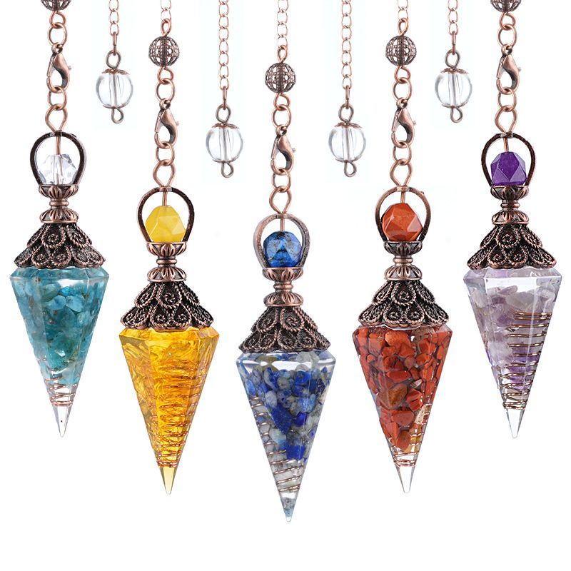 2108 Pêndulo de cristal colorido vermelho antigo pingente de flor retrô bandeja de cone hexagonal resina ágata pêndulo de cascalho