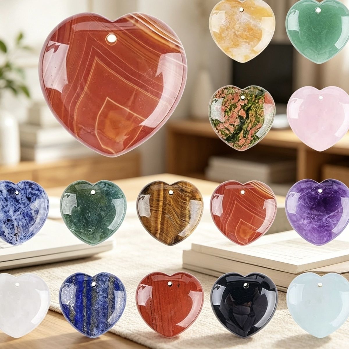 Pingente de amor de cristal natural perfurado de 30Mm, ágata gravada em forma de coração em pó de cristal de pêssego coração trançado colar acessórios